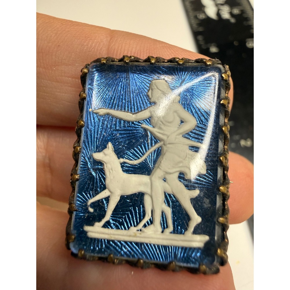 Antique Diana the Huntress Blue Guilloche Enamel Cameo Brooch Pin Brass Tone
